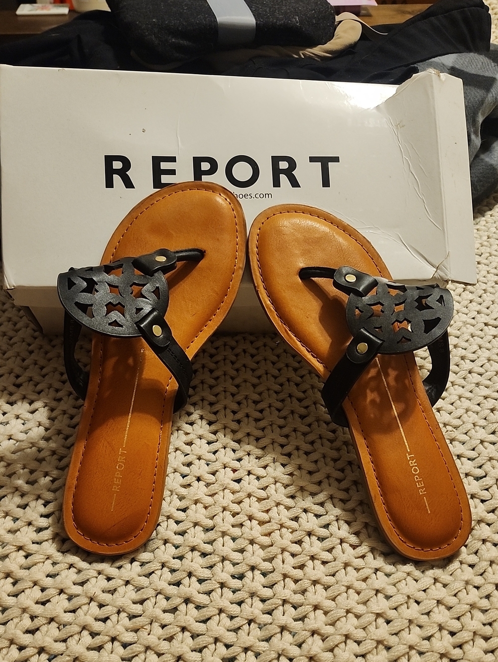 Report Black and Tan Leather Cutout Thong Sandals